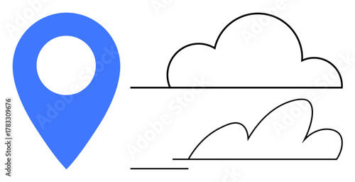 Blue location pin paired with two outlined clouds conveys navigation, digital storage, connectivity, weather. Ideal for location services, data technology, travel, mapping, cloud storage