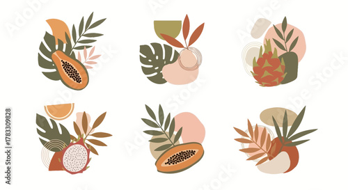 Abstract fruit arrangements with tropical foliage and minimalist shapes