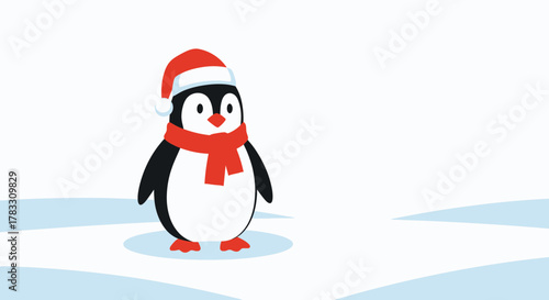 Festive penguin wearing a Santa hat and red scarf, perfect for holiday greetings and winter designs, spreading cheer and joy