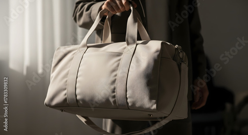 Photorealistic image of a person holding a canvas or fabric duffle bag mockup, travel or weekend setting, natural lighting, neutral tones, person in casual outfit