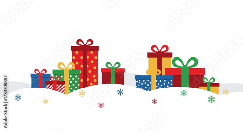 Joyful holiday gifts piled high in festive snow create a magical winter wonderland perfect for seasonal promotions and celebrations