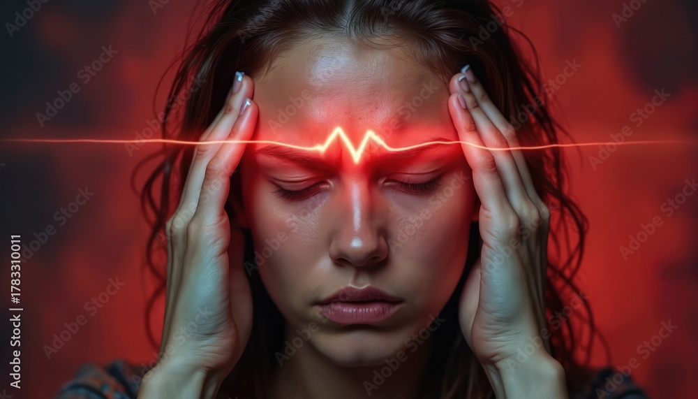 Fototapeta premium Young woman suffers from headache pressing temples. Female feels strong pain, migraine. Health problem, unwell condition concept. Exhausted girl needs medical care. Tired lady wants medicine relief.