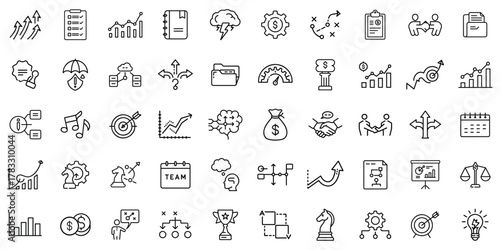 A diverse collection of business and finance icons in a minimalist black and white design.
