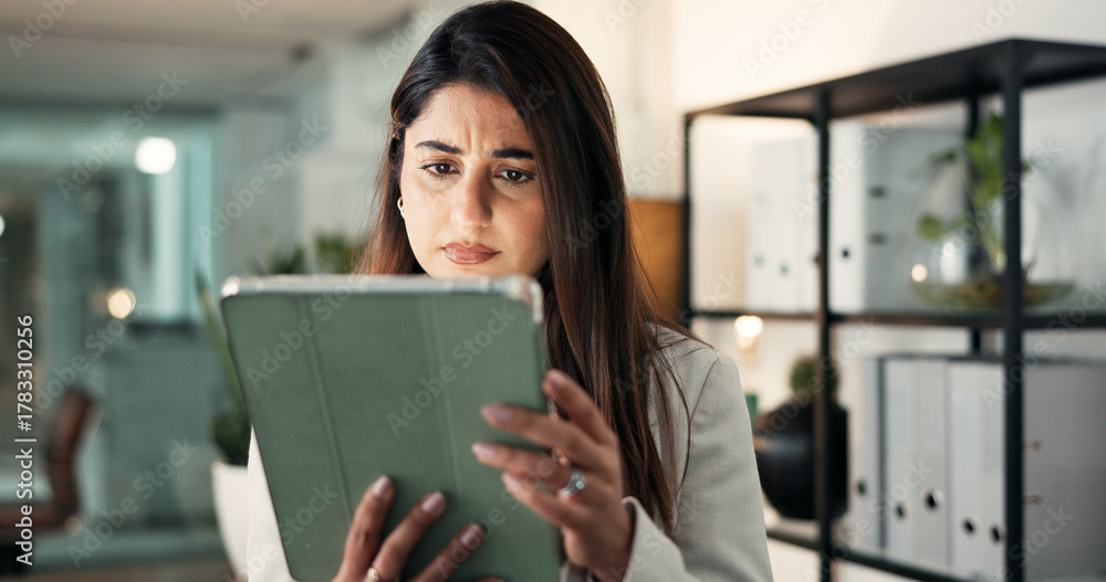 Fototapeta premium Confused, tablet and business woman in office for patent application, license agreement and mistake at night. Bokeh, regulation crisis and legal advisor with person in law firm for policy deadline