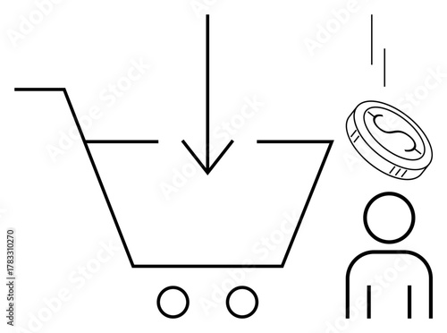 Shopping cart with downward arrow and coin near figure signifying online shopping, e-commerce, discounts. Ideal for retail, savings, budgeting, sales, marketing, digital transactions consumer