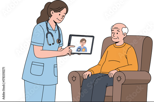 Nurse facilitating senior video call cartoon illustration, symbolic emotional connection and expressive tech-supported care artwork for education