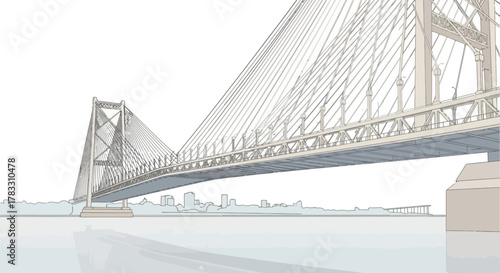 Illustrative Perspective of a Steel Suspension Bridge over Calm Waters