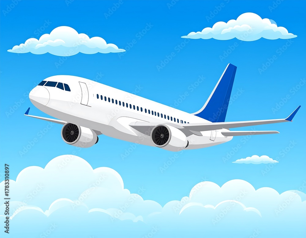 Fototapeta premium A cartoon-style airplane ascends through a vibrant blue sky filled with fluffy white clouds, suggesting a journey in progress