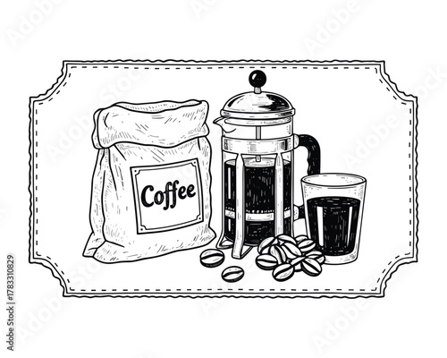 Coffee French Press Bag Beans and Glass Illustration Vector