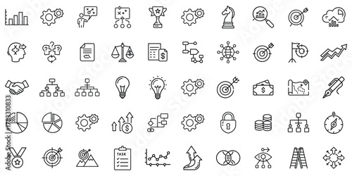 Collection of business and finance icons, featuring charts, gears, and strategic symbols in black and white.