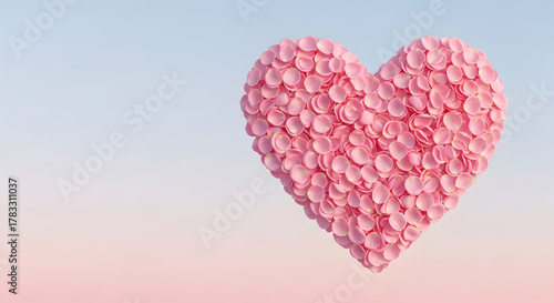 Romantic pink rose petal heart floating against a soft gradient backdrop
