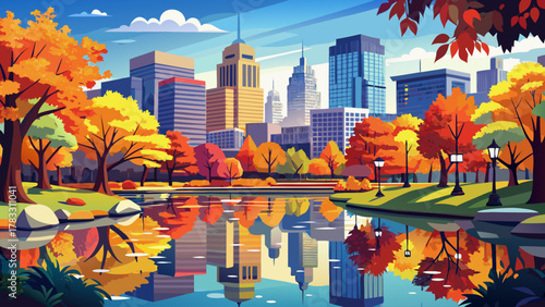 Very beautiful reflection of vibrant fall foliage in the calm pond at Boston Common, Massachusetts, USA, with colorful autumn trees, clear water, and a realistic peaceful seasonal landscape.