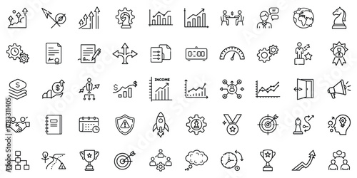 A collection of black and white business and finance icons illustrating growth and strategy.