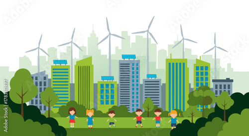 Sustainable urban landscape with children enjoying nature and wind turbines powering green city buildings, representing eco-friendly living