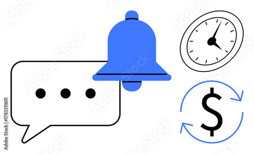 Bell for notifications, chat bubble, clock, and dollar sign represent reminders, time management, communication, value tracking. Ideal for finance, scheduling alerts productivity communication