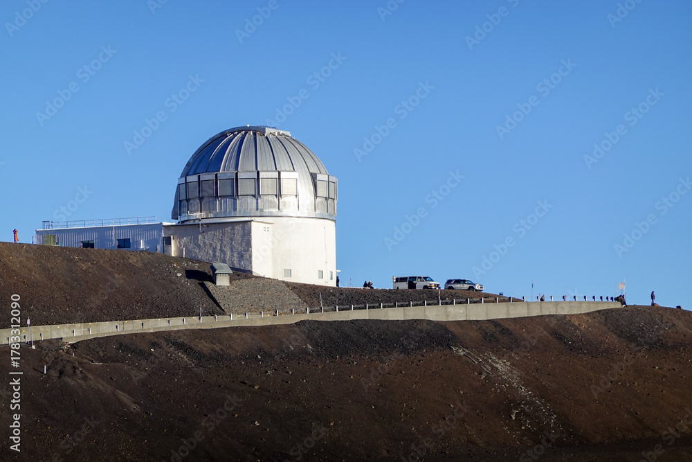 Fototapeta premium Massive silver observatory dome standing on volcanic summit plateau
