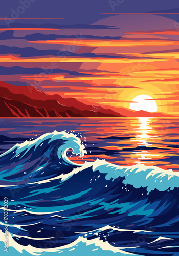 Vivid sunset over the ocean with dramatic waves crashing, painting the sky with fiery hues