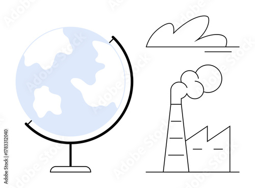 Earth globe beside factory with a chimney releasing smoke, symbolizing climate change and industrial pollution. Ideal for sustainability, global warming, ecology, environmental awareness, industry