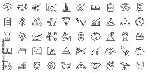 A collection of business and finance icons illustrated in a minimalistic line art style.