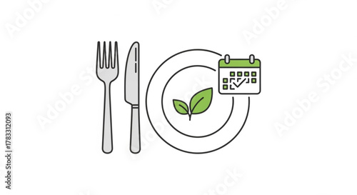 Vegan meal plan calendar for healthy eating and weight loss with fork knife and plate illustration