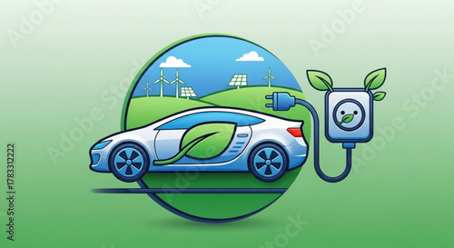 Electric car green energy renewable resources sustainable transport vehicle wind turbines solar panels eco friendly