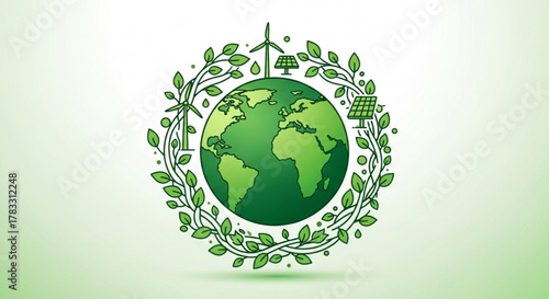 Green energy and environmental sustainability concept with earth wind turbines and solar panels icon vector