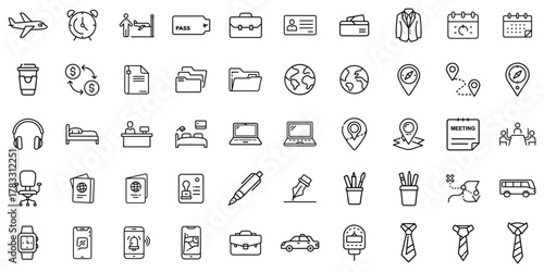 A diverse collection of minimal line icons representing travel, work, and meetings.