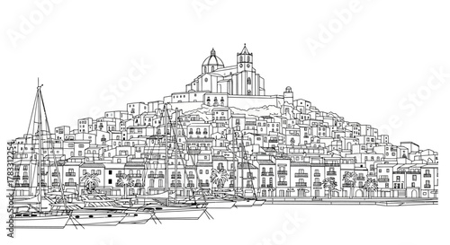 Picturesque Italian Hillside Townscape with Church, Houses and Boats Sketch