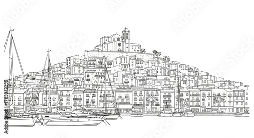 Ibiza Old Town Sketch Scenic Coastal Hillside Village with Mediterranean Charm