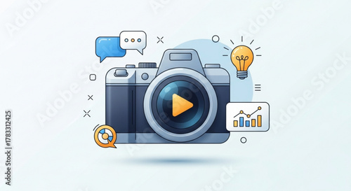 Creative content strategy for video marketing with camera and analytics illustration design concept