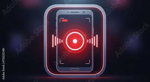 Mobile phone screen recorder app for android and ios with red record button and sound wave animation