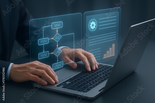 Workflow process diagram and analytics dashboard on modern laptop