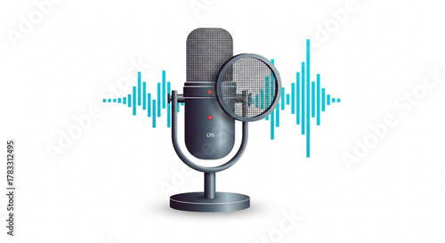 Microphone recording studio with sound waves for podcast and broadcast audio equipment design vector art