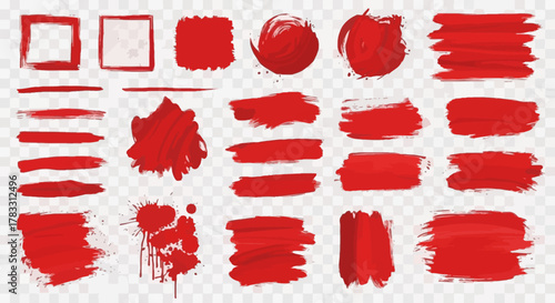 Vector set of red brush strokes for artistic design elements and abstract backgrounds