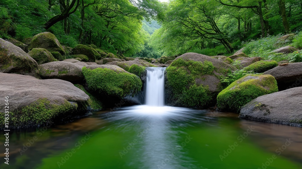 Fototapeta premium Lush Forest Waterfall With Smooth Cascading Water Over Moss Covered Rocks Into A Vibrant Green Pool With Sunlit Foliage Overhead