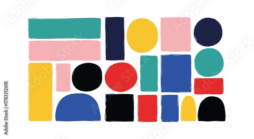 Colorful Geometric Shapes Abstract Composition on White Background