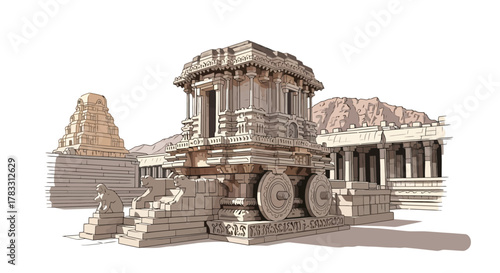 Stone Chariot Hampi Ancient Indian Temple Architecture Illustration