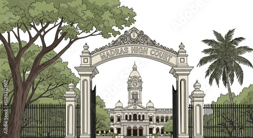 Madras High Court architectural illustration showcasing the judicial system's beauty in Tamil Nadu, India