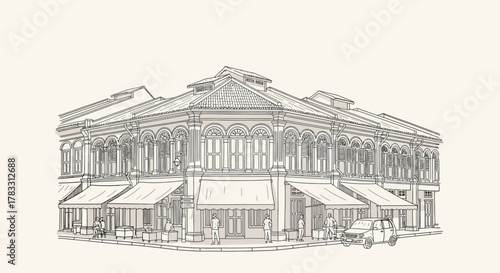 Charming Heritage Building Illustration Ornate Facade and Street View