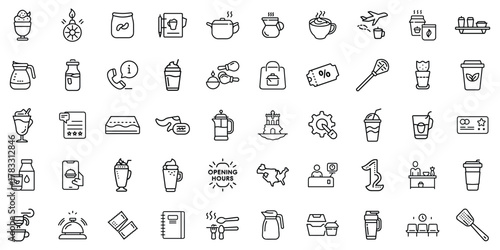 A vibrant and diverse collection of food and drink icons in black and white.