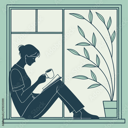 Woman reading a book by the window with a coffee mug, flat vector illustration