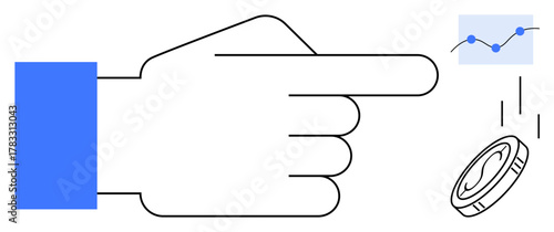 Hand pointing, falling coin, and graph suggesting choice, investment, or risk assessment. Ideal for decision, finance, strategy risk productivity investment growth. Simple flat metaphor