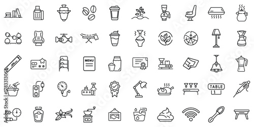 A collection of minimalistic line icons representing coffee culture and cafe elements.