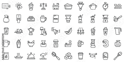 Collection of black and white icons representing various kitchen and cooking tools.