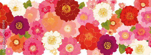 Padrão floral vibrante em aquarela com flores em tons de rosa, vermelho e branco, ideal para design.