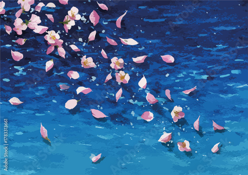 Pétalas de cerejeira rosa flutuando sobre a superfície azul escura e texturizada da água.