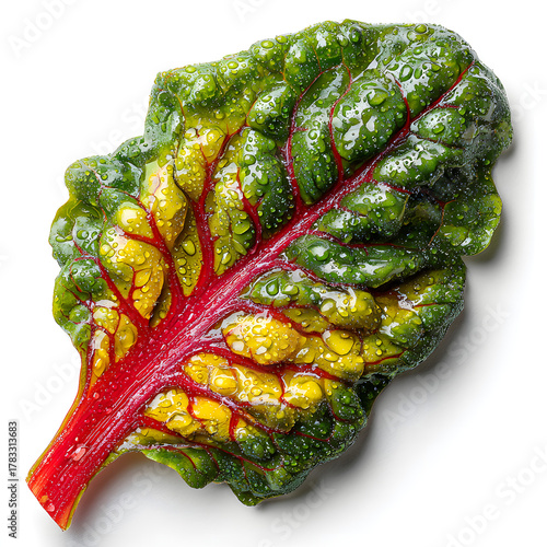 Rainbow Chard Leaf: A vibrant, detailed image showcases a fresh rainbow chard leaf with a bold red stalk and veins, and a spectrum of yellow, green, and red hues, all accented by droplets.