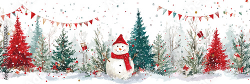 Vetor aquarela festivo de boneco de neve sorridente com árvores de Natal vermelhas e verdes em paisagem nevada.