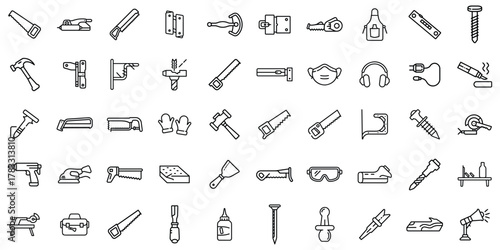 A collection of various construction and tool icons in a clean, minimalist style.