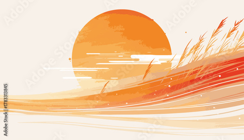 Vetor minimalista de pôr do sol laranja com grama alta em estilo aquarela abstrato e moderno.